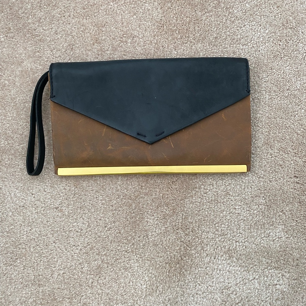 Madewell Two-Tone Black and Brown Leather Wristlet Clutch with Gold Accent